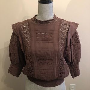 Free People sheer embroidered 3/4 sleeve blouse! Beautiful earthy brown hue 🤎